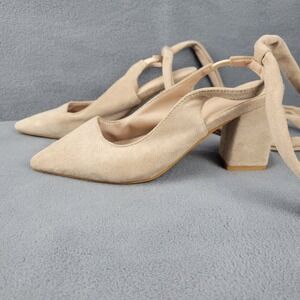 Strappy Beige Pointed Toe Ankle Pumps Women's 4 Strap Block Heel‎ Casual Sandal